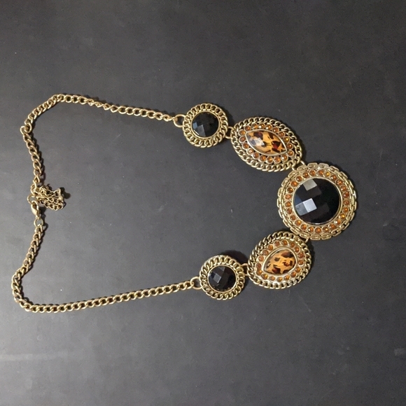 Jewelry - Antique Gold Tone Rhinestone Black and Tortoise Shell Color Statement Necklace